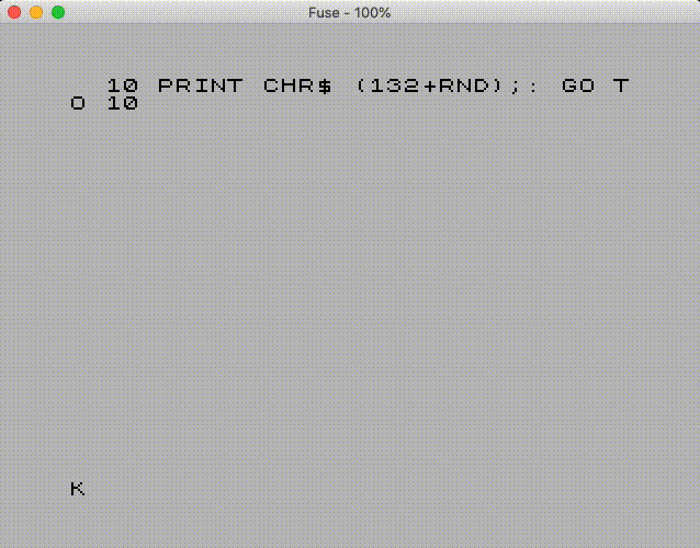 The 10 PRINT Maze Example Running in the Fuse emulator