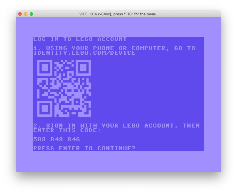 Screenshot of LEGO Account running on a Commodore 64 emulator (VICE)