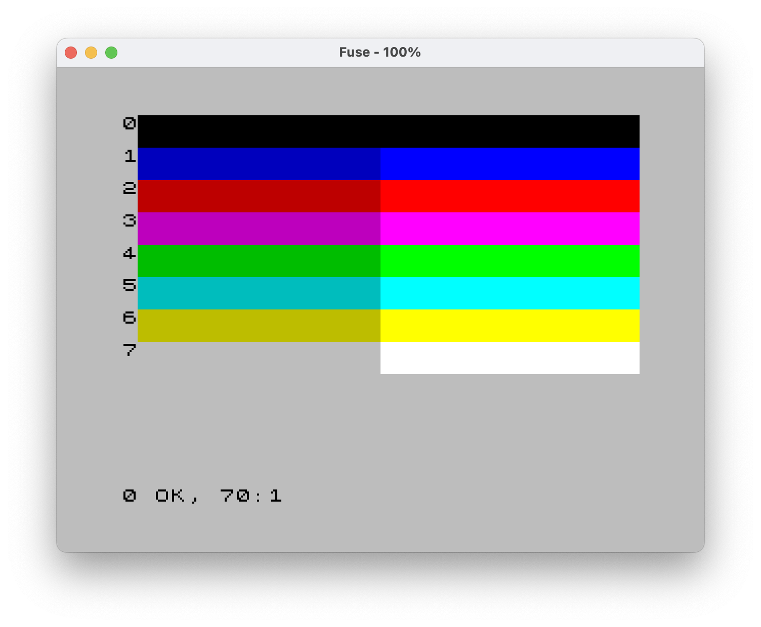Screenshot of all the 16 colors of the ZX Spectrum